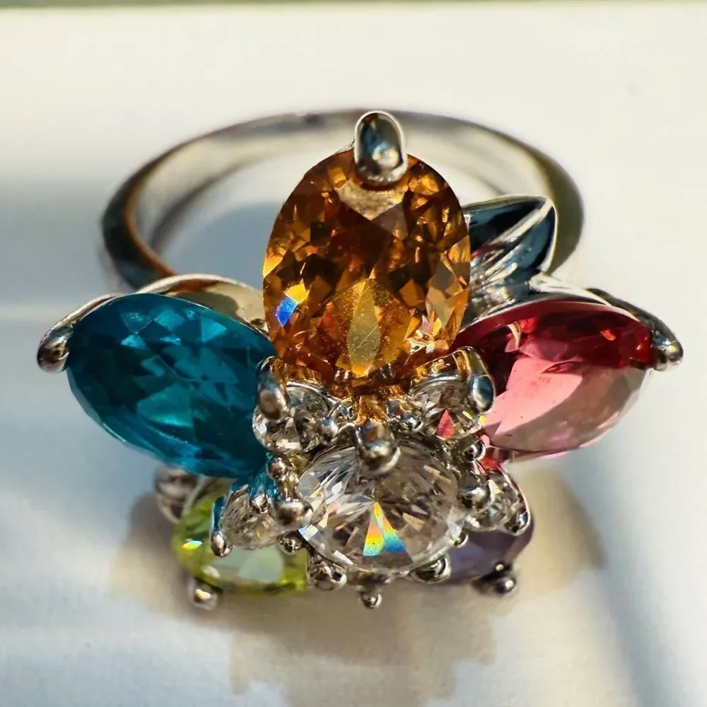 Colorful Flower Cocktail Ring with Multicolor Gemstones – Size 9.5